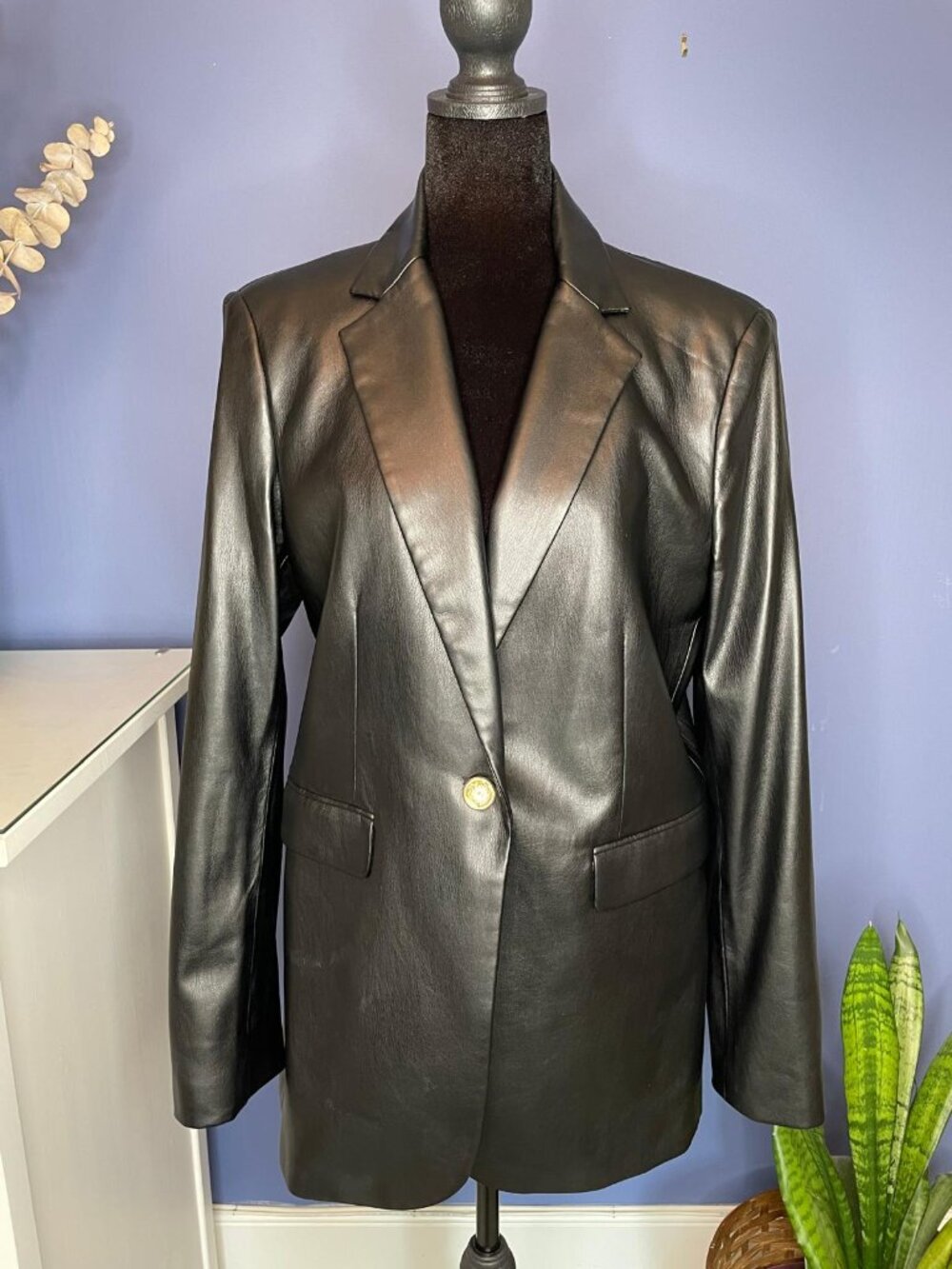 Zara Black Faux Leather Blazer Gold Crest Button Size L